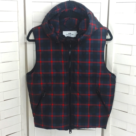 Coach Riley Duck Feather Down Plaid Hooded Puffer Vest - Picture 1 of 7